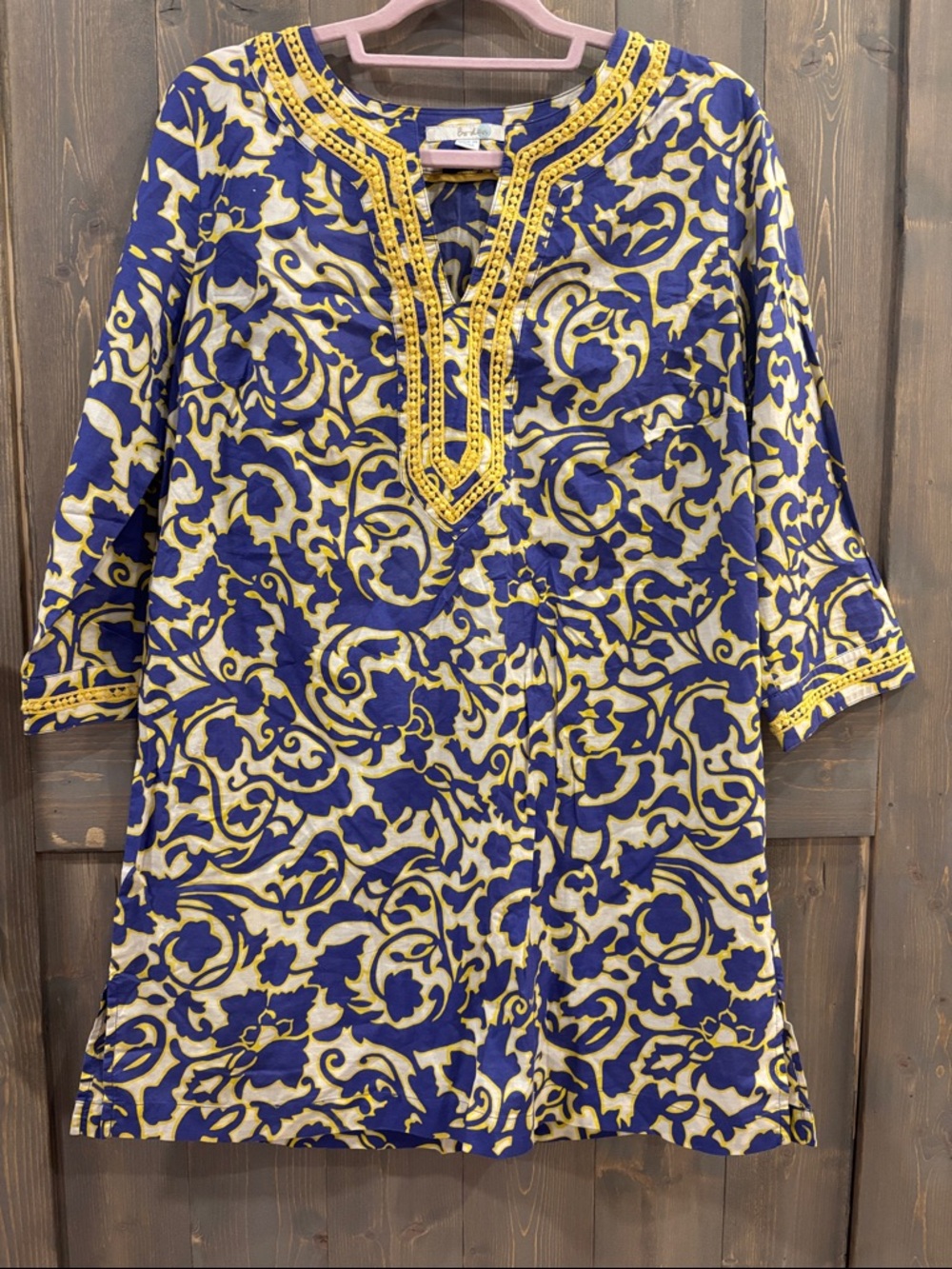 Boden Blue and Yellow Embroidered Long Sleeve Tunic Dress